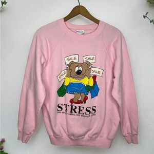 Vintage 80s Hanes Graphic Sweatshirt Pink Bear Stress Funny Shopping Sale